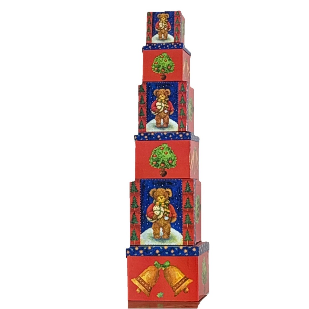 Vintage Lindy Bowman‎ Christmas Holiday Bear Bells Tree Nesting Boxes Set Of 6